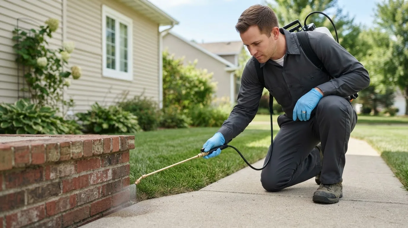 Pest control technician treating a home near Sandy Level, VA
